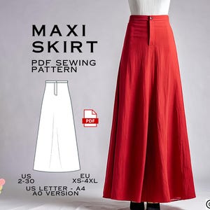 Puede incluir: Un patrón de costura PDF para una falda maxi. El patrón incluye las tallas US 2-30 y EU XS-4XL. El patrón se imprime en papel tamaño carta de EE. UU. en formato A4.