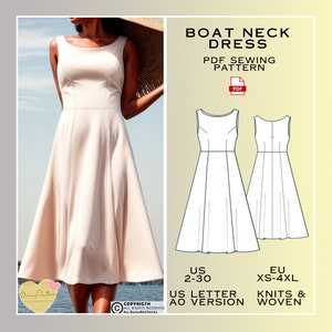 Pdf Sewing Pattern, Boat Neck Midi Dress, Graduation Dress Pattern, Plus Size Dress Instant Download, Easy Digital Pdf, US Sizes 2-30, Prom