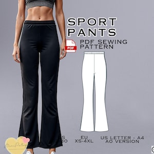 以下が含まれることがあります： フレアデザインの黒いスポーツパンツ。画像には「SPORT PANTS PDF SEWING PATTERN」の文字とサイズ情報が含まれています。パターンはUS LetterとA4バージョンで利用可能です。