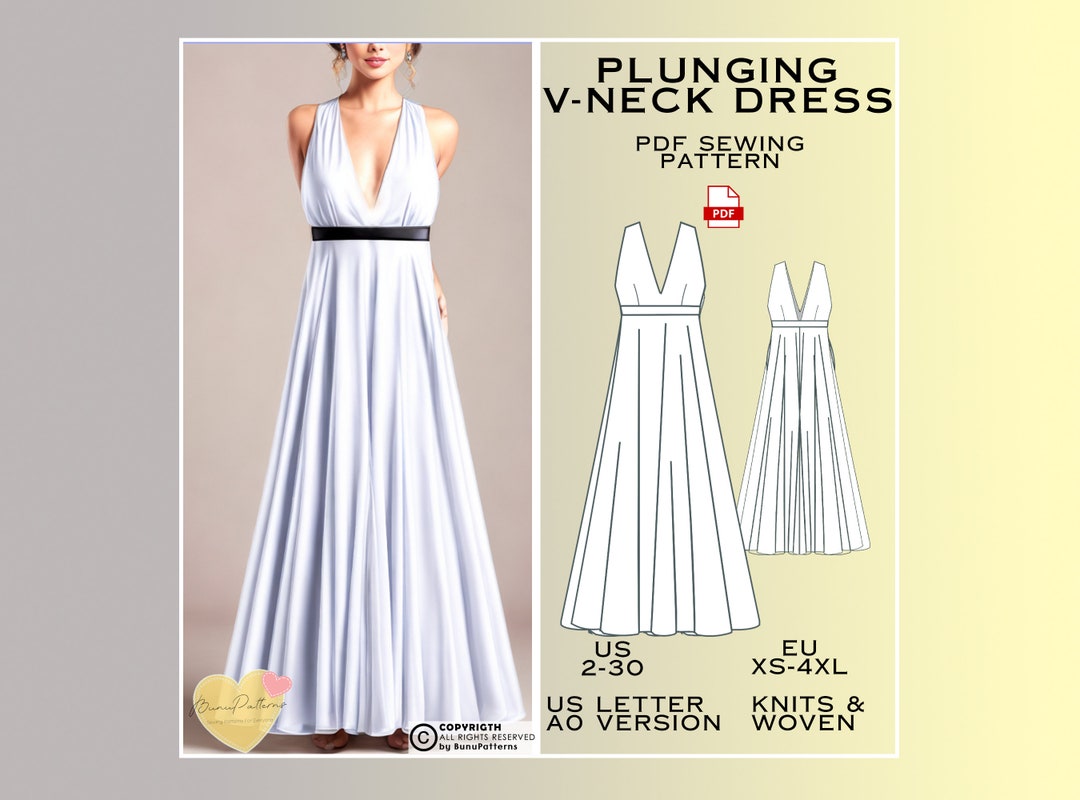 Plunging V Neck Dress Sewing Pattern, Prom Dress PDF Sewing Pattern ...