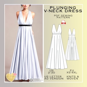 Plunging V Neck Dress Sewing Pattern, Prom Dress PDF Sewing Pattern Instant Download, Bridesmaid Dress, US Sizes 2-30 Plus Size, Eu Xs-4Xl