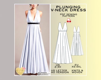 Plunging V Neck Dress Sewing Pattern, Prom Dress PDF Sewing Pattern Instant Download, Bridesmaid Dress, US Sizes 2-30 Plus Size, Eu Xs-4Xl