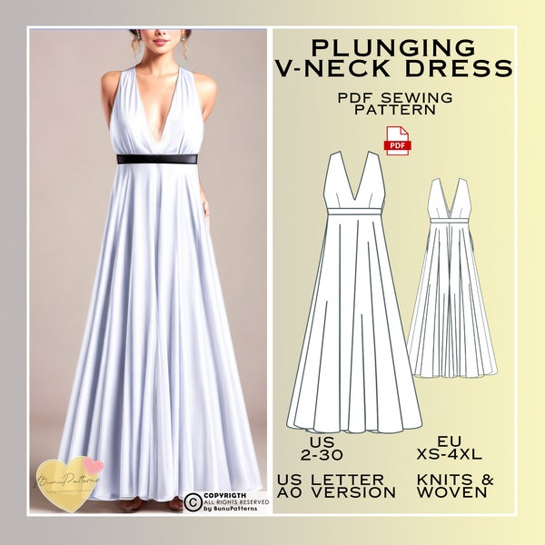 Plunging V Neck Dress Sewing Pattern, Prom Dress PDF Sewing Pattern Instant Download, Bridesmaid Dress, US Sizes 2-30 Plus Size, Eu Xs-4Xl