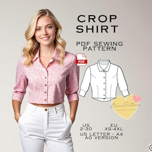 Crop Shirt Sewing Pattern, Top PDF Sewing Pattern Instant Download, US Sizes 2-30, Plus Size Pattern, Vintage Blouse, 20&#39;s Fashion