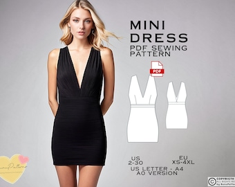 Plunging Mini Dress Sewing Pattern: Evening, Homecoming (US Sizes 2-30) (PDF Pattern)