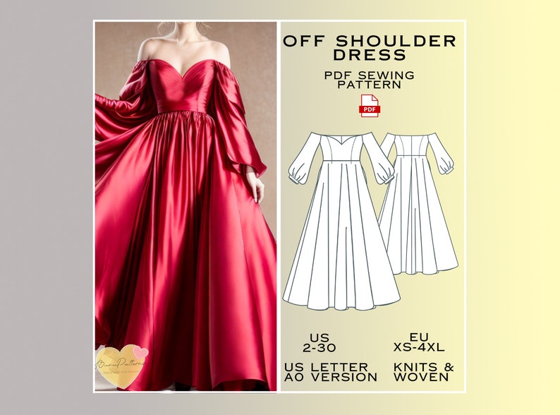 Off Shoulder Sweetheart Neck Dress Sewing Pattern, Prom Dress PDF Sewing Pattern Instant Download, Bridesmaid Dress, US Sizes 2-30 Plus Size image 3