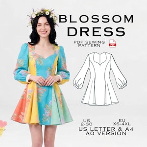 Könnte beinhalten: Gezeigt wird ein farbenfrohes Blossom-Kleid, ein PDF-Schnittmuster. Das Kleid hat einen herzförmigen Ausschnitt und lange Ärmel. Das Bild enthält eine Strichzeichnung des Kleides und Größentabellen für US- und EU-Größen.