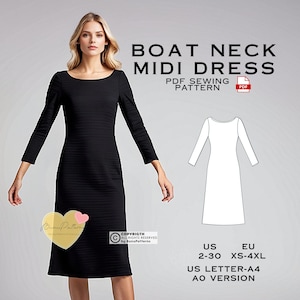 May include: A black midi dress with a boat neck and long sleeves. The dress has a textured, ribbed design. The image also includes a line drawing of the dress and text that reads "BOAT NECK MIDI DRESS PDF SEWING PATTERN".