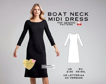 Boat Neck Midi Dress Sewing Pattern: Plus Size US 2-30 (PDF)