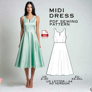 May include: A PDF sewing pattern for a midi dress with a V-neck and sleeveless design. The pattern is available in sizes US 2-30 and EU XS-4XL. The pattern is in US Letter size and is an A0 version.