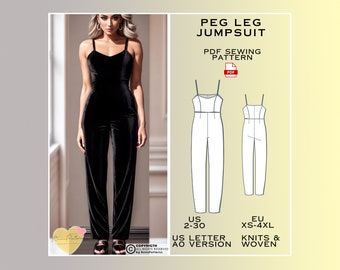 Peg Leg Jumpsuit Sewing Pattern, Overall PDF Sewing Pattern Instant Download, Easy Digital Pdf, US Sizes 2-30, Plus Size Pattern, Dungarees