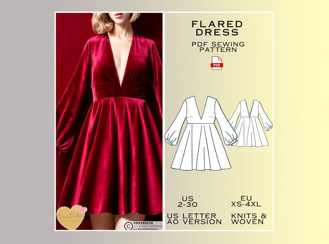 V Neck Dress Sewing Pattern, PDF Sewing Pattern, Eu Xs S M L XL 2XL 3xl