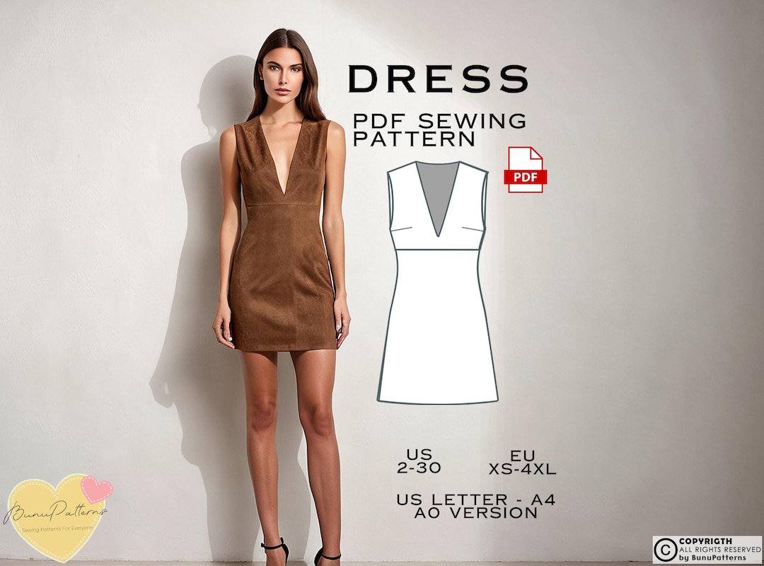 V Neck Dress Sewing Pattern, Above Knee Dress PDF Sewing Pattern ...