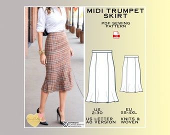 Trumpet Skirt Midi Sewing Pattern, Layered PDF Sewing Pattern, Xs S M L Xl 2xl 3xl 4xl, Skirt Easy Digital Pdf, US 2-30, Plus Size Pattern