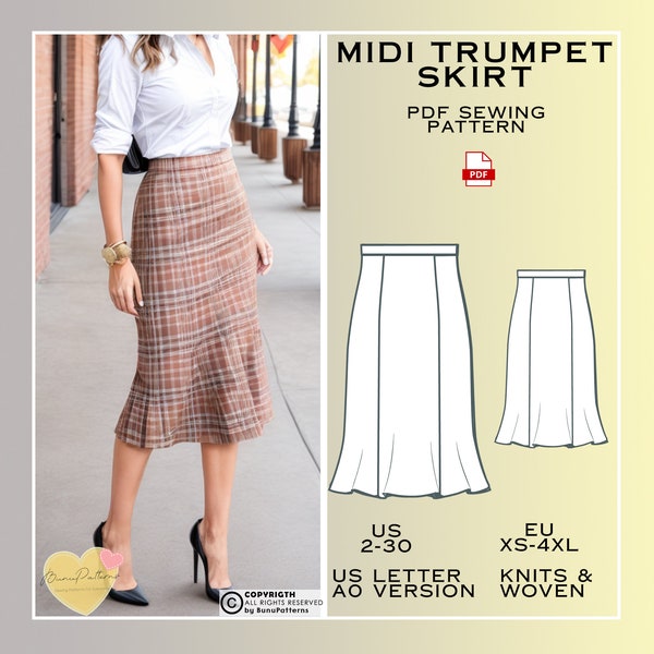 Trompetenrock Midi Schnittmuster, PDF Schnittmuster, Xs S M L Xl 2xl 3xl 4xl, Rock Easy Digital Pdf, US 2-30, Plus Size Pattern