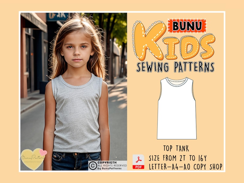 K&ouml;nnte beinhalten: Ein digitaler Download eines Schnittmusters f&uuml;r ein &auml;rmelloses Tanktop f&uuml;r Kinder. Das Schnittmuster ist in den Gr&ouml;&szlig;en 2T bis 16Y erh&auml;ltlich und enth&auml;lt Anweisungen zum Drucken auf Letter-, A4- oder A0-Papier. Das Bild zeigt ein junges M&auml;dchen, das ein graues Tanktop tr&auml;gt, und eine Strichzeichnung des Tanktop-Schnittmusters.