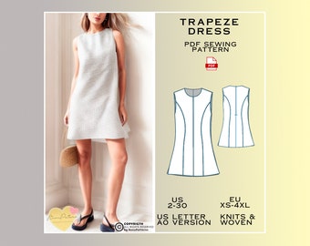 Trapeze Dress Sewing Pattern, Everyday Dress, Dress PDF Sewing Patterns, Summer Dresses, US Sizes 2-30 Plus Size, Eu Xs-S-M-L-Xl-2Xl-3Xl-4Xl