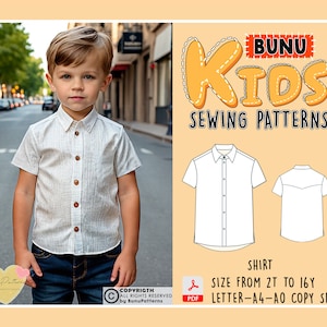 May include: A white shirt sewing pattern for kids, with a boy wearing a similar shirt in the background. The pattern is available in sizes from 2T to 16Y and is printed on A4 paper. The pattern is available in a PDF format and can be purchased from the BUNU KIDS SEWING PATTERNS shop.
