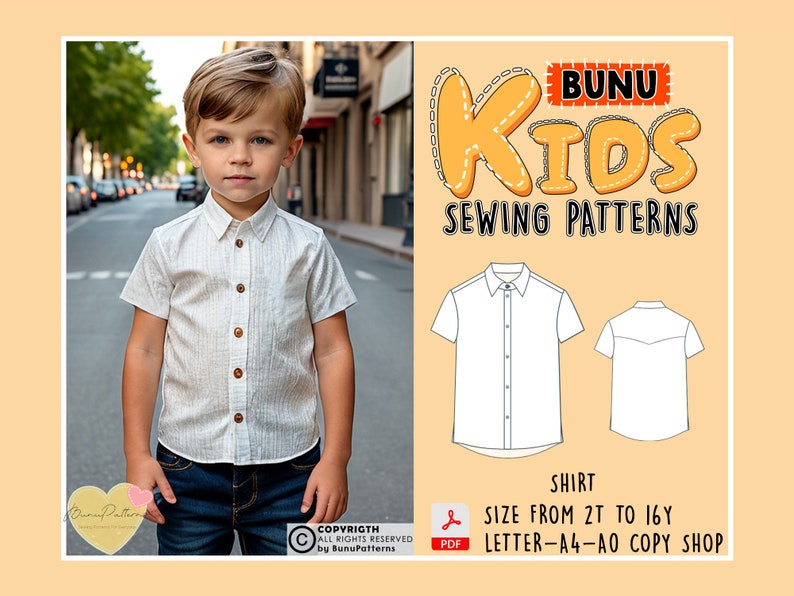 May include: A white shirt sewing pattern for kids, with a boy wearing a similar shirt in the background. The pattern is available in sizes from 2T to 16Y and is printed on A4 paper. The pattern is available in a PDF format and can be purchased from the BUNU KIDS SEWING PATTERNS shop.