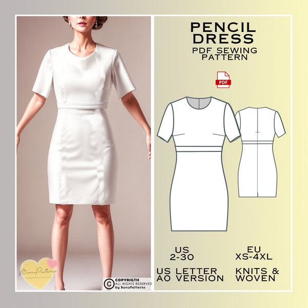 Short Sleeve Pencil Dress Sewing Pattern, Elegant Dress PDF Sewing Pattern Instant Download, Above Knee, Easy Digital Pdf, US Sizes 2-30