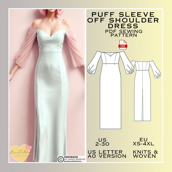 Off Shoulder Straight Dress Sewing Pattern, Prom Dress PDF Sewing Pattern Instant Download, Bridesmaid Dress, US 2-30 Eu XS-4xl, Plus Size