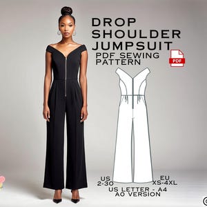 Drop Shoulder Jumpsuit Sewing Pattern: US Sizes 2-30 (PDF Pattern)