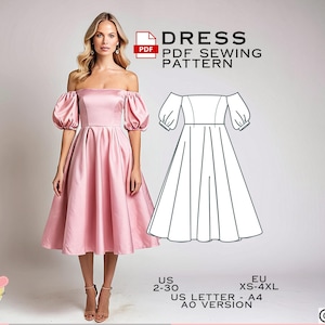 Off Shoulder Midi Dress Sewing Pattern, Prom Dress PDF Sewing Pattern Eu Xs-4XL, Bridesmaid Dress, US Size 2-30 Plus Size, Party Dress