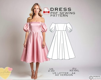 Off Shoulder Midi Dress Sewing Pattern, Prom Dress PDF Sewing Pattern Eu Xs-4XL, Bridesmaid Dress, US Size 2-30 Plus Size, Party Dress