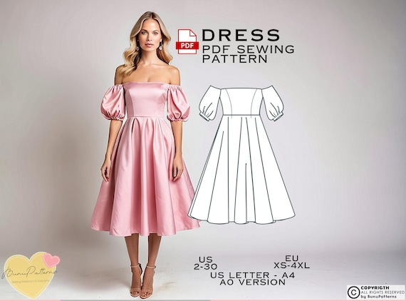Off Shoulder Midi Dress Sewing Pattern Prom Dress PDF Sewing Pattern Eu Xs 4xl Bridesmaid Dress US Size 2 30 Plus Size Party Dress Etsy