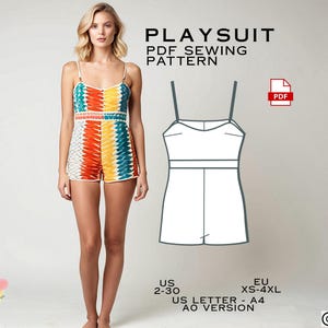 May include: A PDF sewing pattern for a playsuit. The pattern includes sizes US 2-30 and EU XS-4XL. The pattern is available in US Letter and A0 sizes.