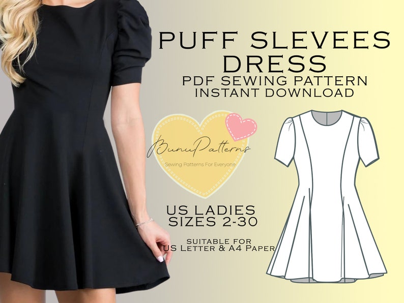 Puff Sleeves Dress Sewing Pattern PDF Sewing Pattern Instant Etsy