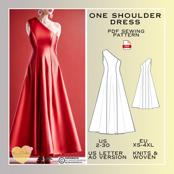 One Shoulder Dress Sewing Pattern, Eu XS-S-M-L-Xl-2Xl-3X-4Xl Dress PDF Sewing Pattern Instant Download, US Sizes 2-30, Plus Size Pattern