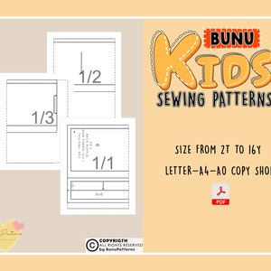 May include: A digital download of sewing patterns for kids clothing. The patterns are available in sizes 2T to 16Y and can be printed on letter, A4, or A0 paper. The image shows a sample pattern piece with markings for 1/3, 1/2, and 1/1 scale.
