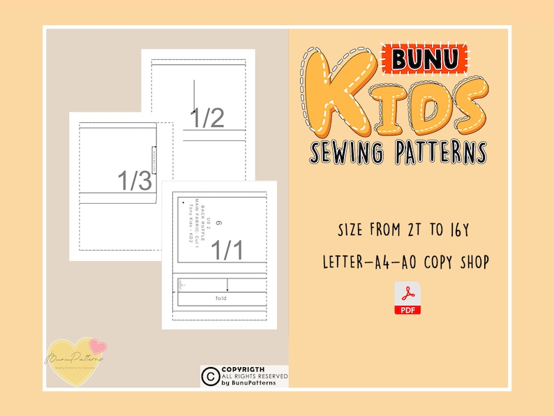 May include: A digital download of sewing patterns for kids clothing. The patterns are available in sizes 2T to 16Y and can be printed on letter, A4, or A0 paper. The image shows a sample pattern piece with markings for 1/3, 1/2, and 1/1 scale.