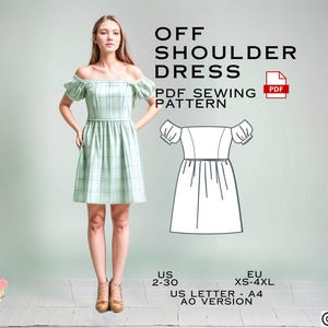 Off Shoulder Smock Dress Sewing Pattern: US Sizes 2-30 (PDF Pattern)