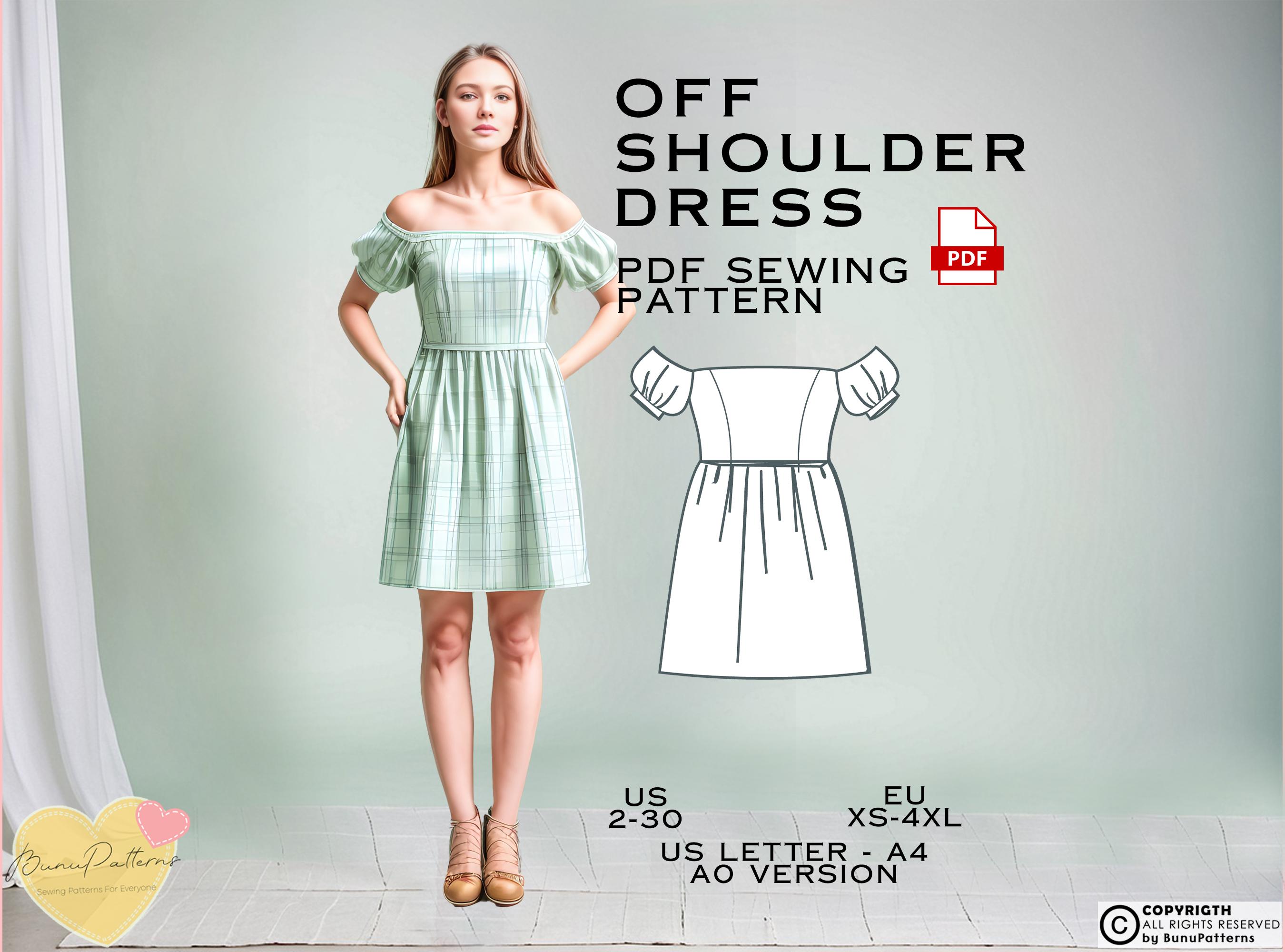 Off Shoulder Smock Dress Sewing Pattern: US Sizes 2-30 (PDF