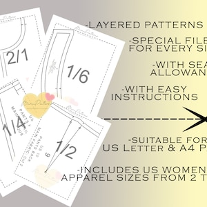May include: A collection of white sewing pattern sheets with black line drawings and text. The text includes "Layered Patterns", "Special Files for Every Size", "With Seam Allowance", and "Includes US Women's Apparel Sizes From 2 to 30".