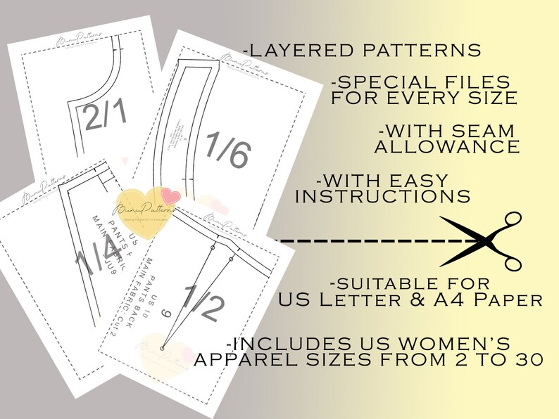 May include: A collection of white sewing pattern sheets with black line drawings and text. The text includes "Layered Patterns", "Special Files for Every Size", "With Seam Allowance", and "Includes US Women's Apparel Sizes From 2 to 30".