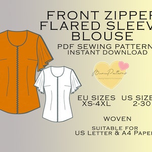 Flared Sleeve Blouse Sewing Pattern: Front Zipper Top (US 2-30) (PDF Pattern)