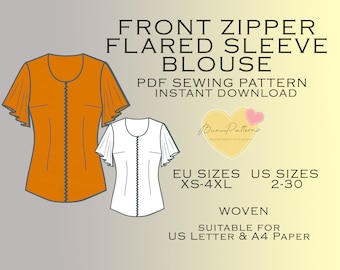 May include: A digital sewing pattern for a front zipper flared sleeve blouse. The pattern is available in sizes XS-4XL (EU) and 2-30 (US). The pattern is suitable for woven fabrics and can be printed on US Letter or A4 paper.