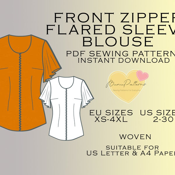 Front Zipper Top Sewing Pattern, Flared Sleeve PDF Sewing, Top Blouse Shirt Download, US Sizes 2-30, Plus Size Pattern, Eu Xs 4Xl, Patterns