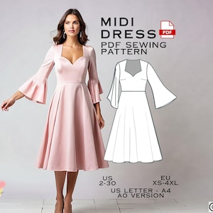 May include: A PDF sewing pattern for a midi dress with a sweetheart neckline and bell sleeves. The pattern is available in sizes US 2-30 and EU XS-4XL. The pattern is printed on A4 paper and is available in an AO version.