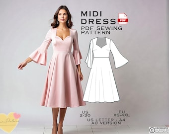 Puede incluir: Un patrón de costura PDF para un vestido midi con escote de corazón y mangas acampanadas. El patrón está disponible en las tallas US 2-30 y EU XS-4XL. El patrón se imprime en papel A4 y está disponible en una versión AO.