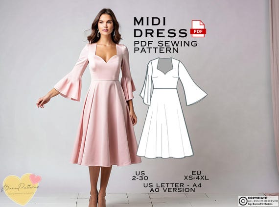 Sweetheart Neck Midi Dress Sewing Pattern: US Sizes 2-30 (PDF)