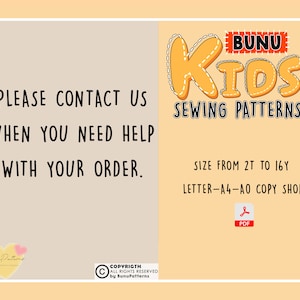 May include: A yellow and orange graphic with the text "BUNU KIDS SEWING PATTERNS" in a stitched style. The text "SIZE FROM 2T TO 16Y" and "LETTER-A4-AO COPY SHOP" are also included. A PDF icon is shown below the text.