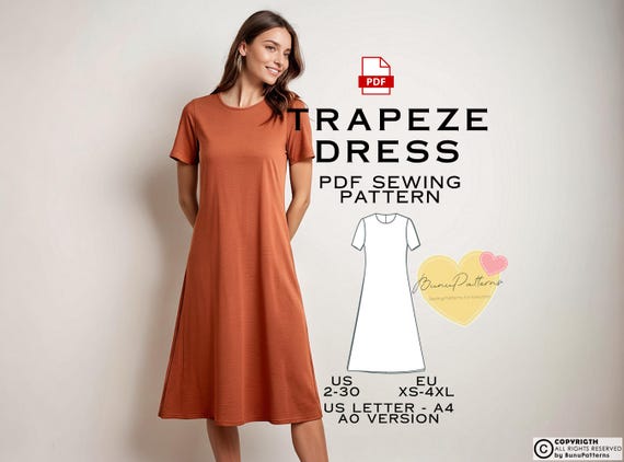 Midi Trapeze Dress Sewing Pattern: Plus Size US 2-30 (PDF) - Etsy