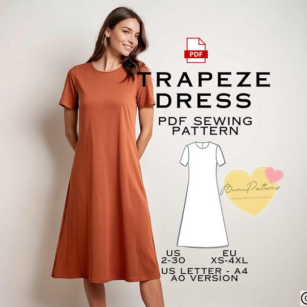 Schnittmuster für Midi-Trapezkleid: Größe US 2-30 (PDF)