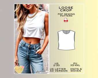 Loose Fit Crop Top Sewing Pattern, T-Shirt PDF Sewing Pattern Instant Download, US Sizes 2-30, Eu Xs-4xl Plus Size Pattern, Top patterns