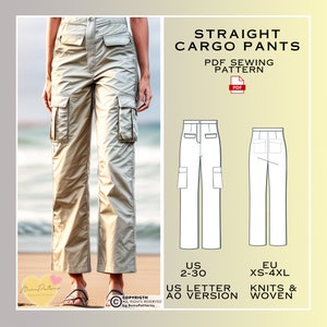 May include: A digital sewing pattern for straight cargo pants. The pattern includes instructions for sizes US 2-30 and EU XS-4XL. The pattern is available in US Letter AO version and is suitable for knits and woven fabrics.