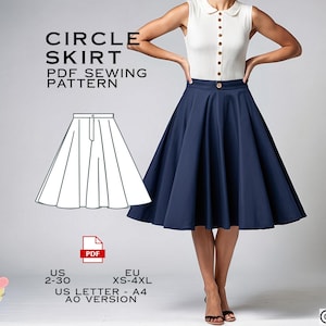 Patron de couture jupe en dessous du genou, jupe midi patron de couture PDF téléchargement immédiat, taille US 2-30 Eu XS-4xl grande taille, jupe ronde, jupe évasée